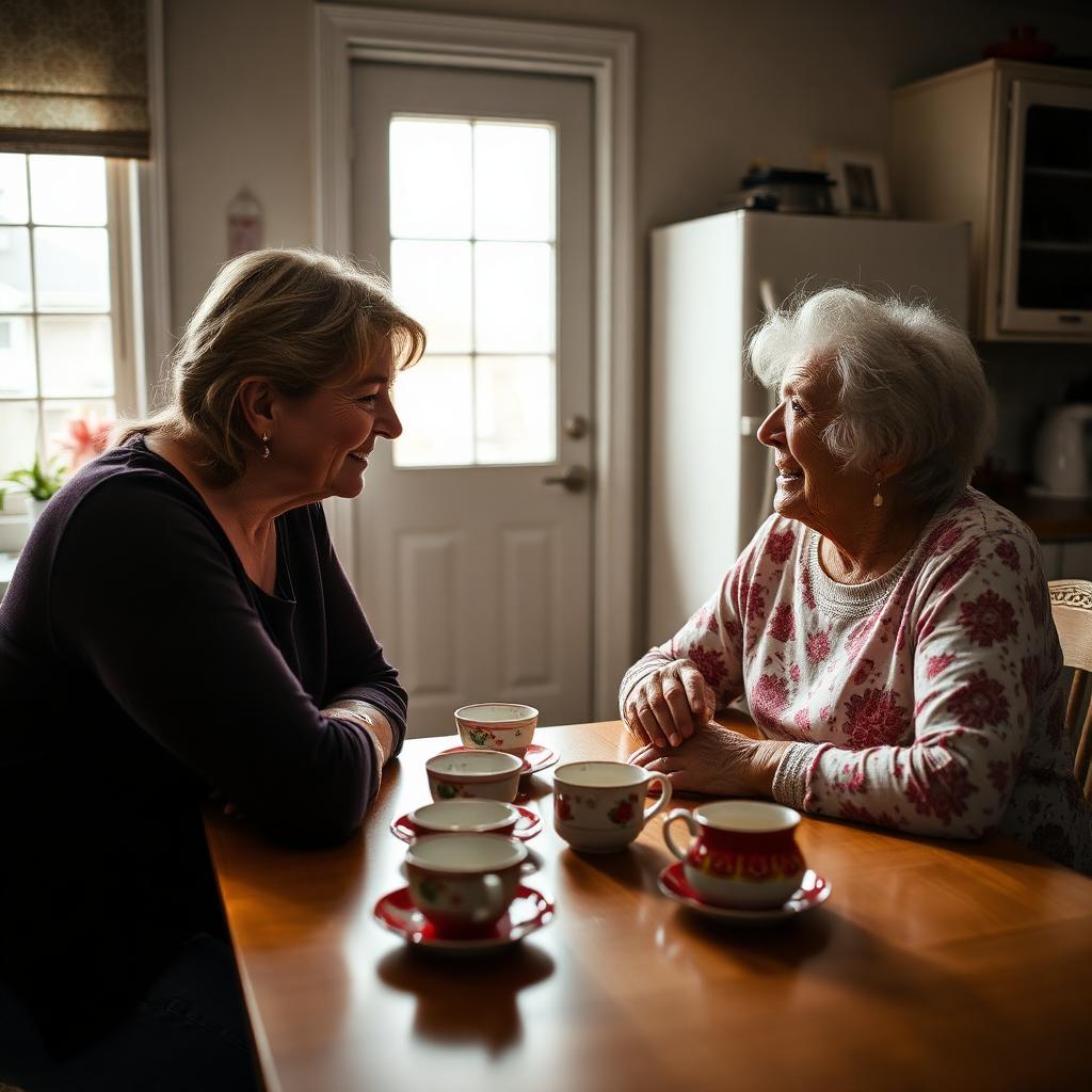 Adult daughter and elderly mother sharing tea and conversation at a kitchen table in a St. John's home.