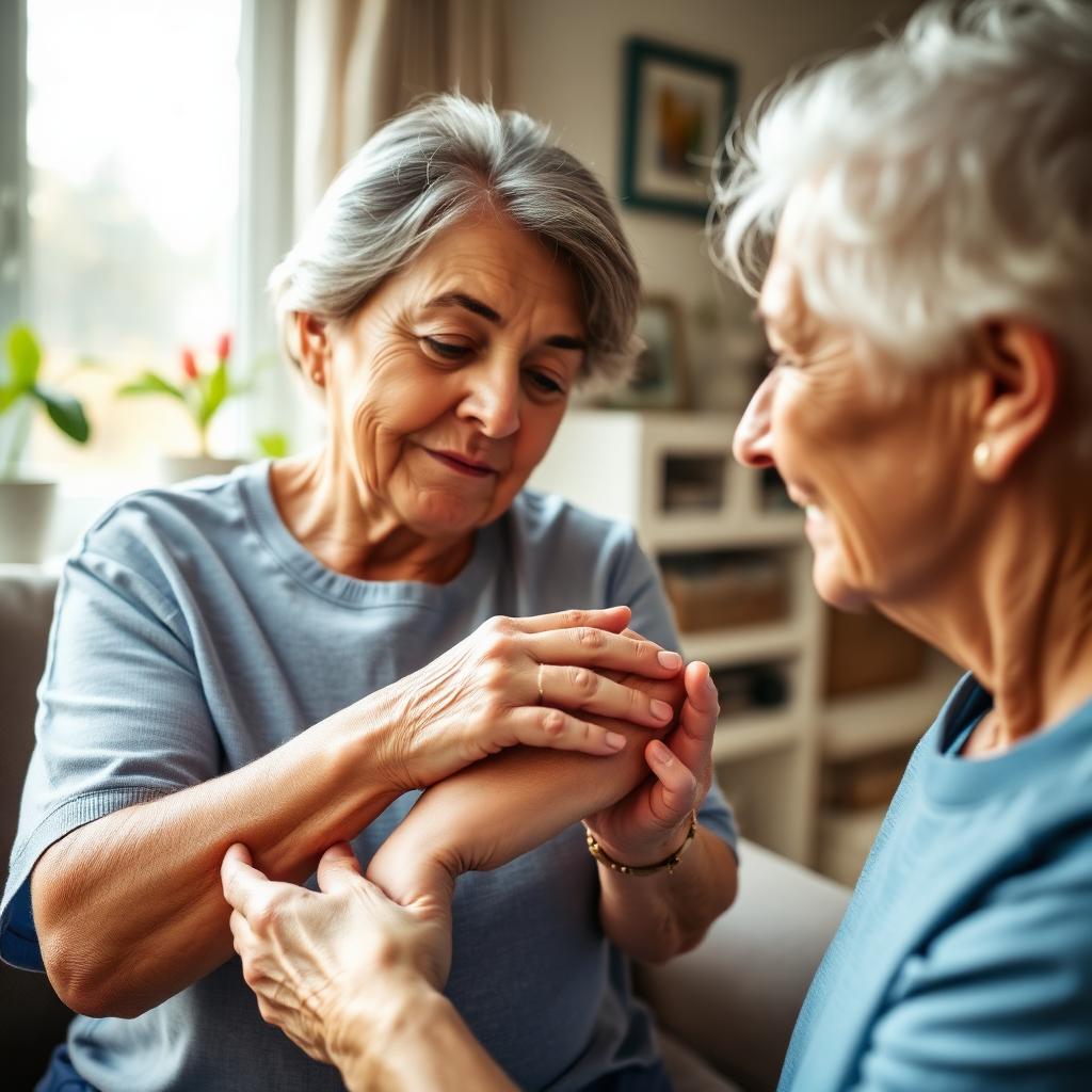 Caregiver gently applying moisturizer to an elderly person's arm.