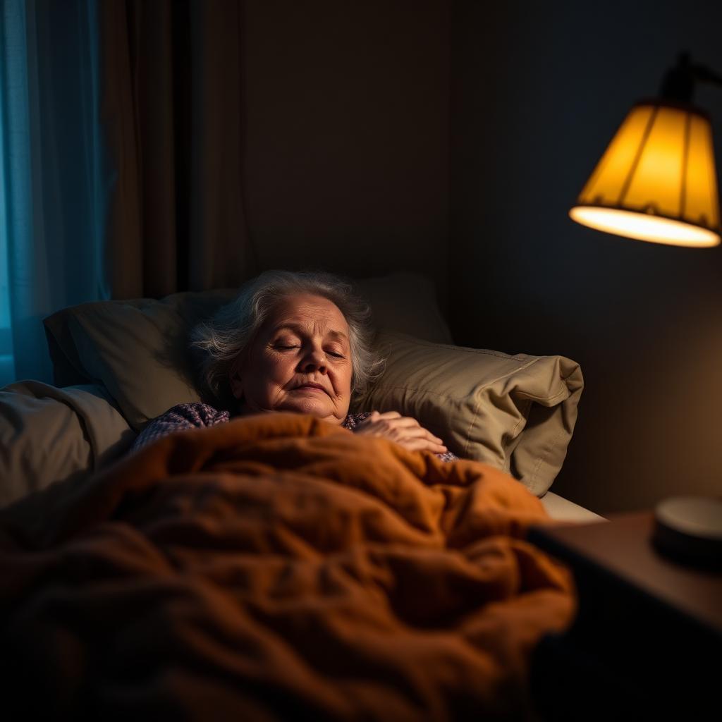 Peaceful elderly woman sleeping soundly in a softly lit bedroom in a Newfoundland home.