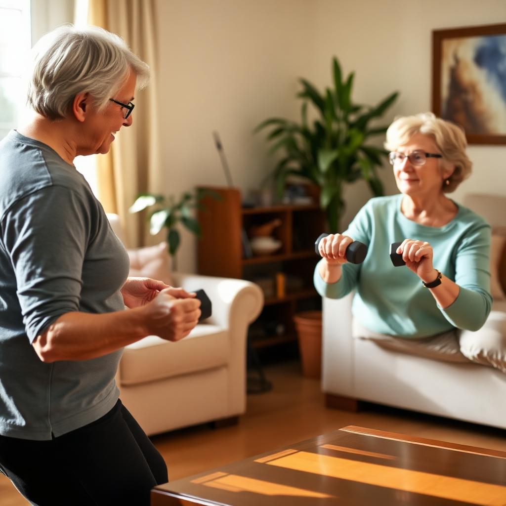 Senior woman doing gentle seated strength exercises with light dumbbells beside her instructor in a Newfoundland living room.