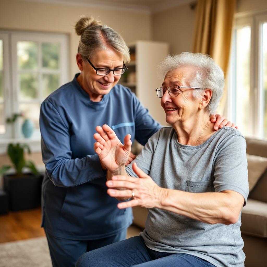 Senior stroke survivor practicing rehabilitation exercises at home with a caregiver's support.