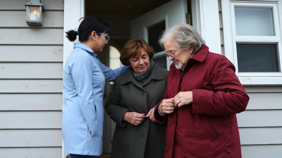 A caregiver helping an elderly couple at the front door of their home in Torbay, Newfoundland.