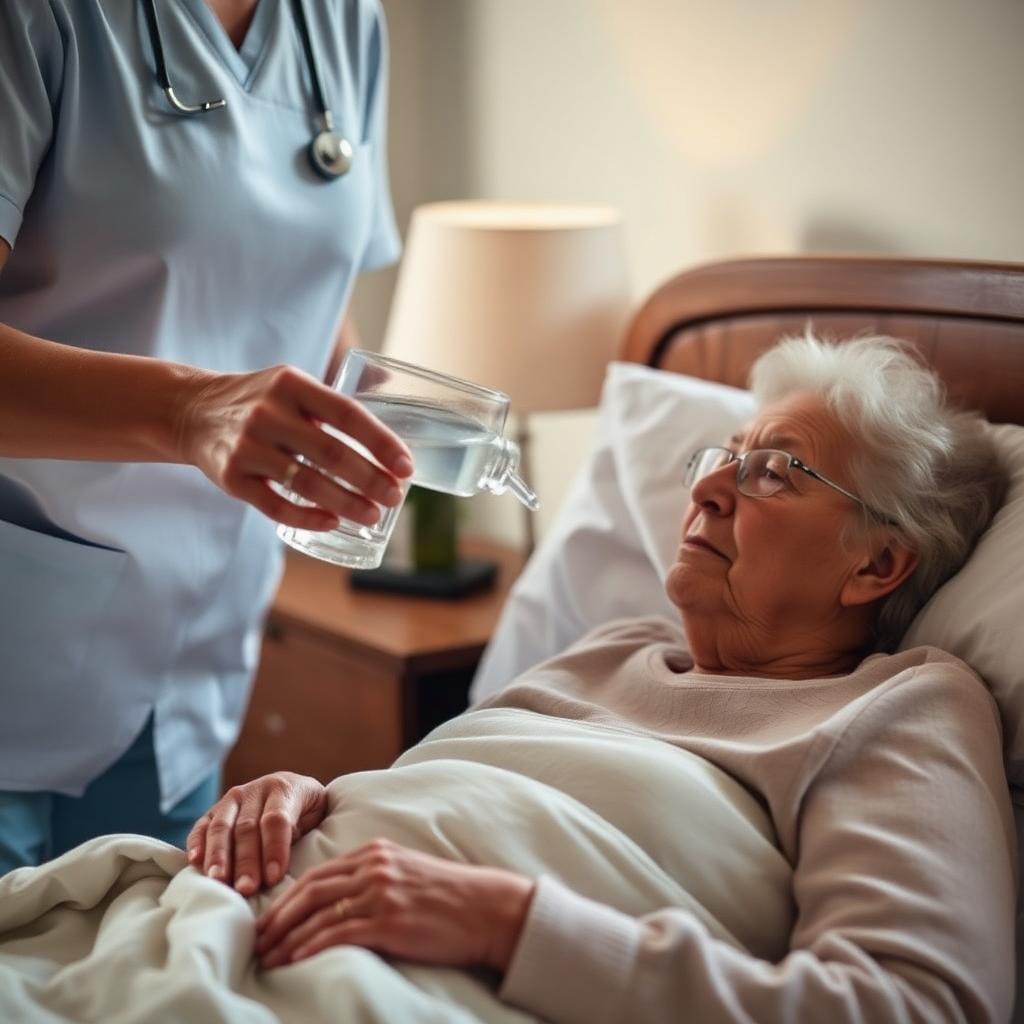 Caregiver bringing water and medication to an elderly woman resting in bed.