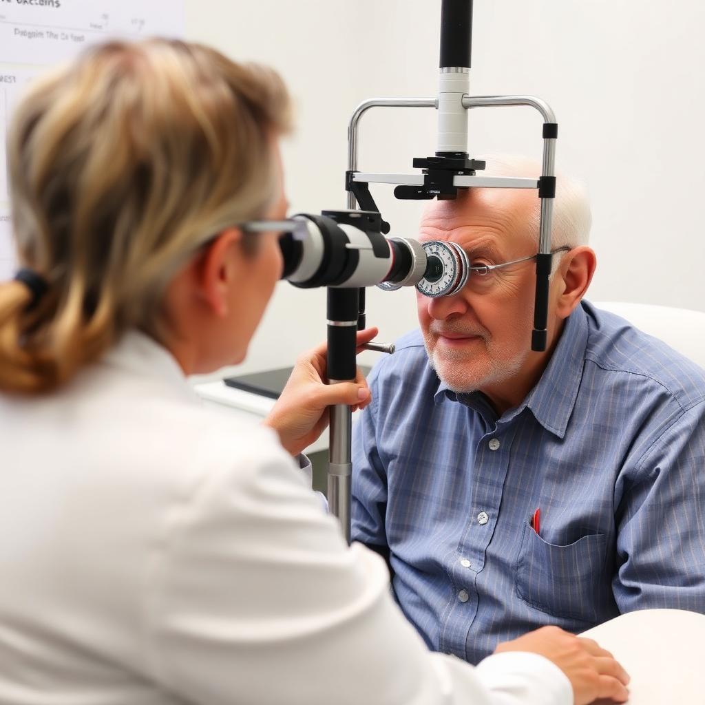 Elderly man having an eye exam with an optometrist in a Newfoundland clinic.
