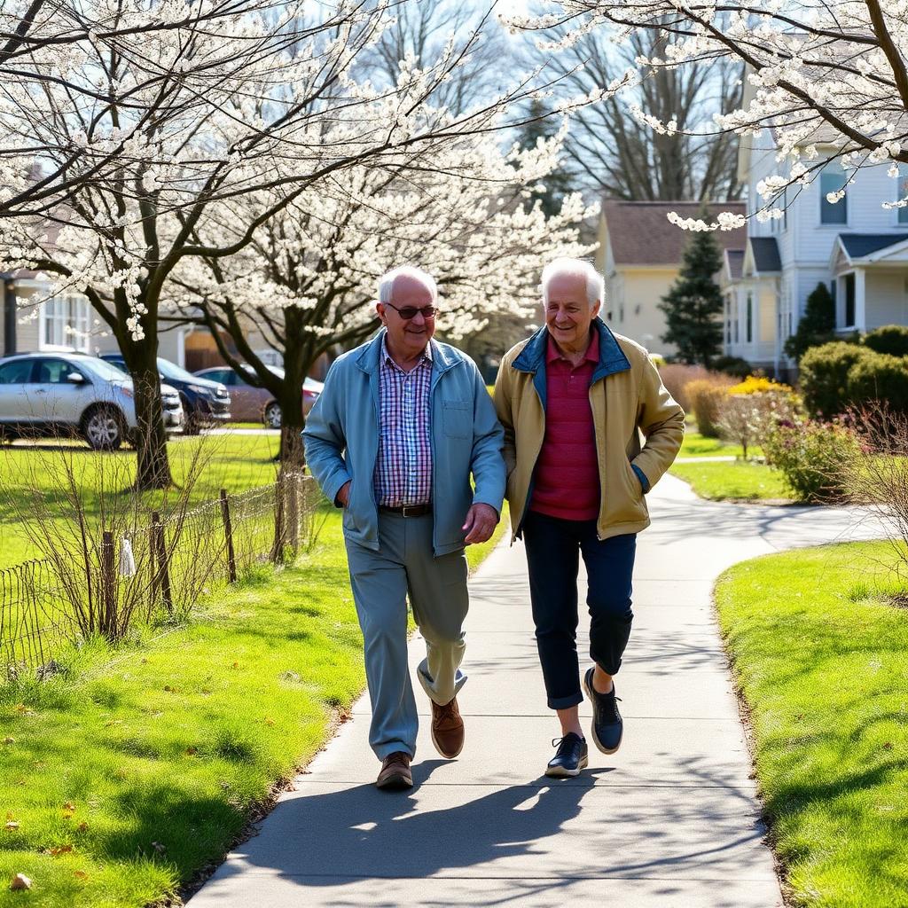Elderly Canadian couple walking together on a spring neighbourhood path.