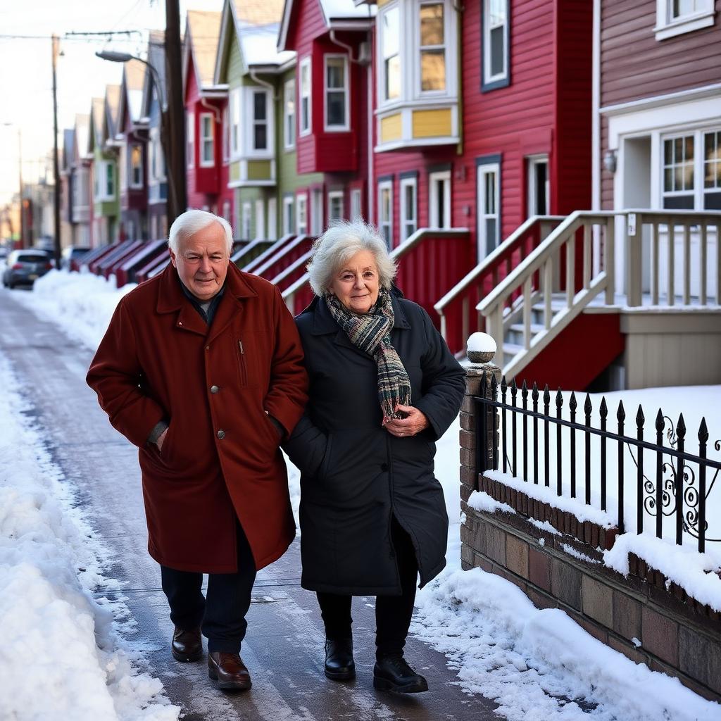 Elderly couple walking on a cleared snowy sidewalk in front of colourful St. John's row houses.