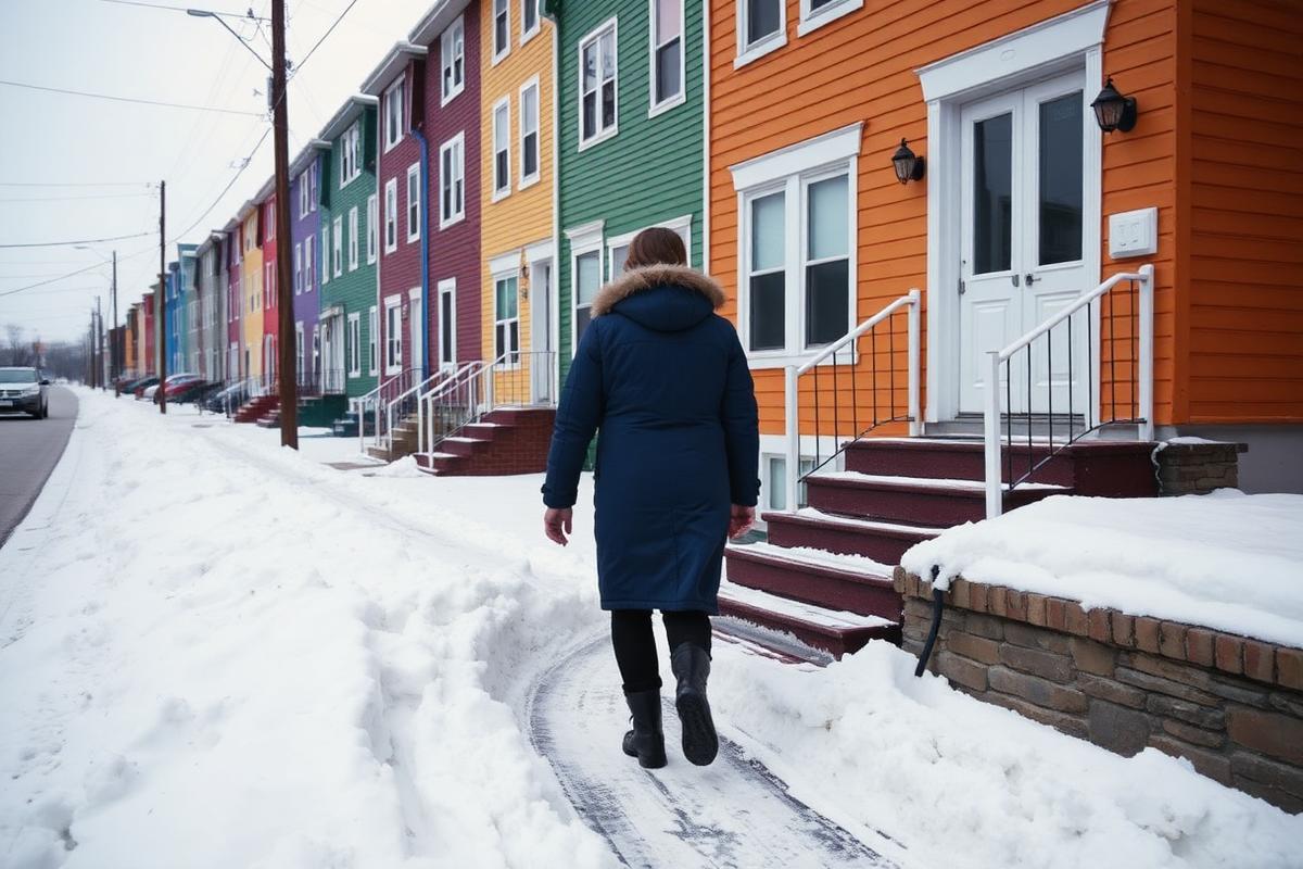 A caregiver in a winter coat walking up a shovelled path toward a colourful row house on a snowy St. John's street.