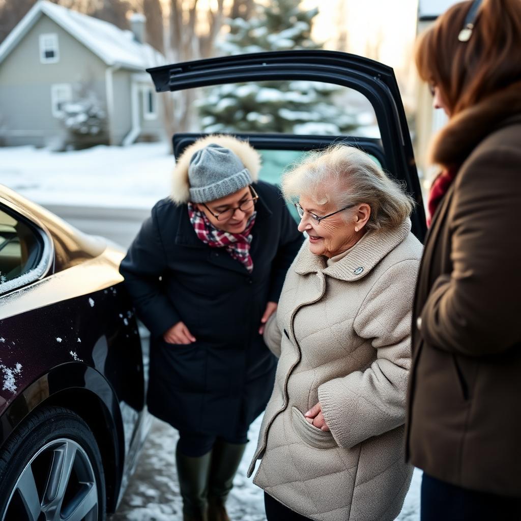 Caregiver helping an elderly woman into a car on a snowy Newfoundland driveway.